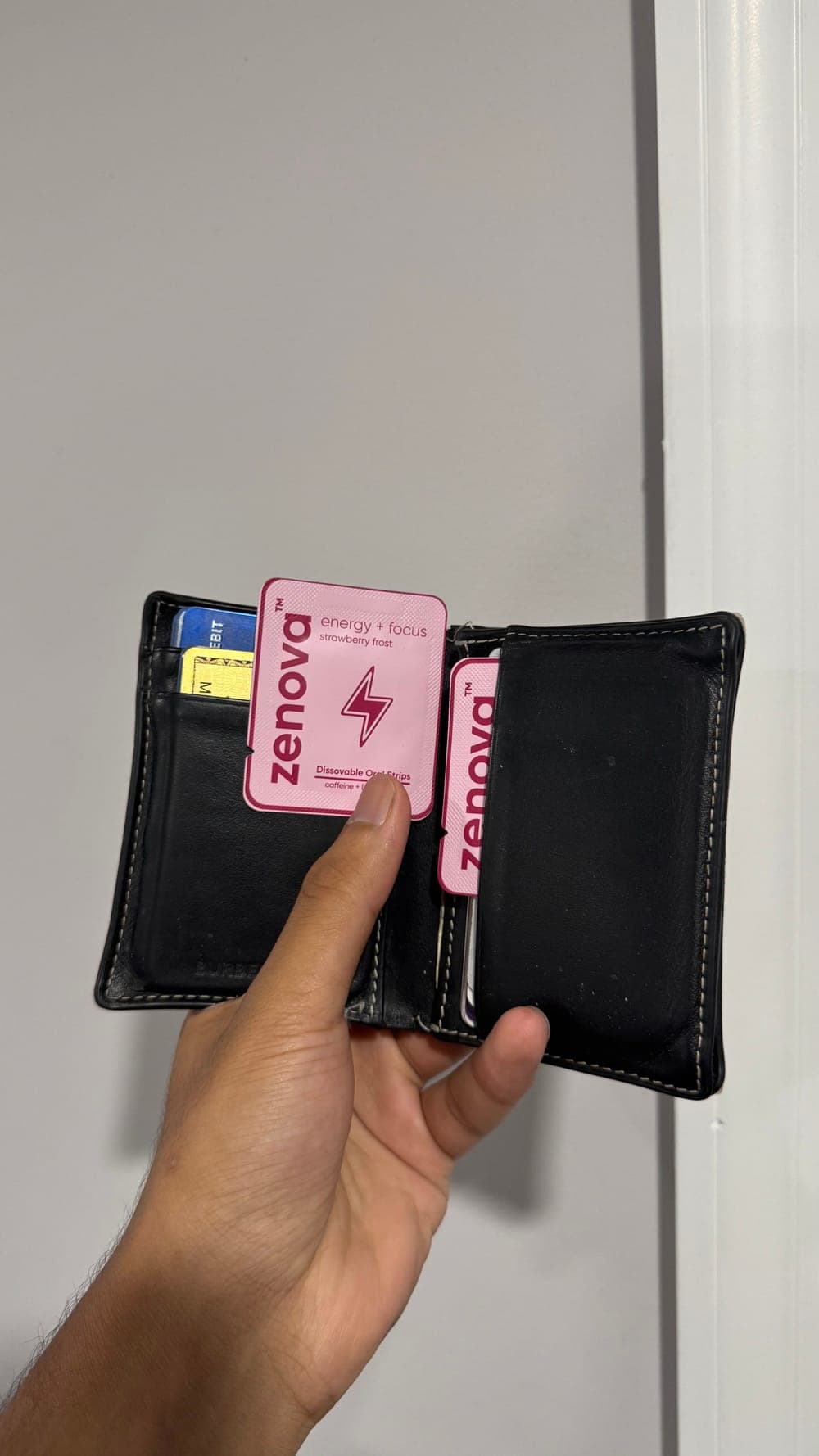 Zenova strip packets in a wallet